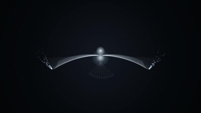 Minimalist White Dove Symbol Animation with Glowing Particle Trails on a Solid Dark Black Background