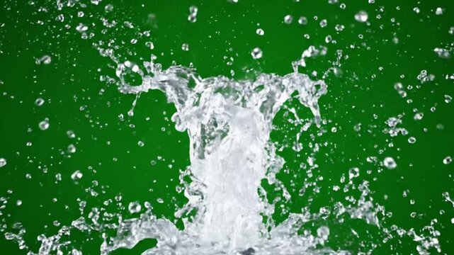 Dynamic splash of water droplets against vibrant green background