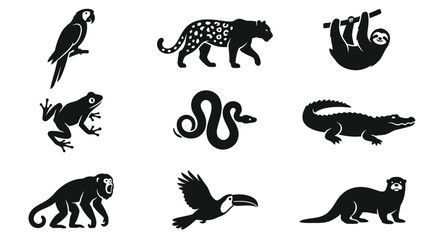 Obraz premium Collection of Rainforest Animal Silhouettes Featuring Tropical Wildlife Species in Detailed Flat Black Vector Graphics