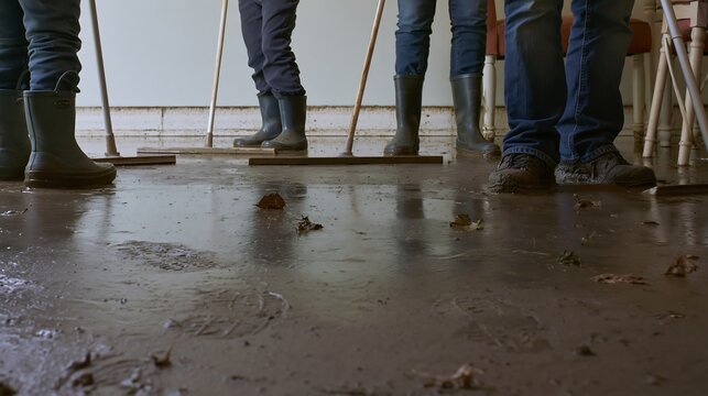 Cleanup crew clears mud, debris and standing water from a flooded interior, home flood recovery concept for disaster restoration, insurance claims and water damage services