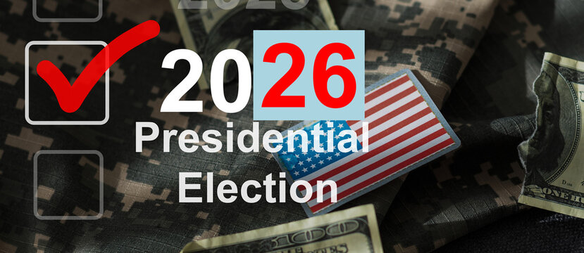 Vote 2026. Presidential Election 2026 in United States. Vote day, US Election. Patriotic american element. Poster, card, banner and background. illustration 