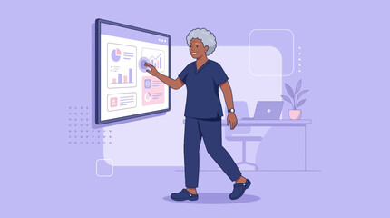 Obraz premium Senior nurse pointing at analytics screen in modern office, isolated