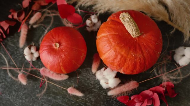 Bright orange pumpkin surrounded by autumn decorations, cotton, foliage, and rustic elements, creating a warm Halloween and fall atmosphere for seasonal, festive, and holiday content