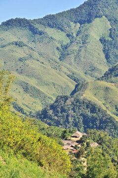 The traditional Hongpoi village of the Konyak tribe, inhabiting the state of Nagaland in eastern India.