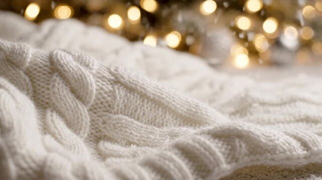 Soft knitted white blanket with cozy texture and warm holiday lights in background