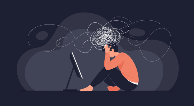Person overwhelmed by thoughts, sitting in front of a computer, mental stress, anxiety