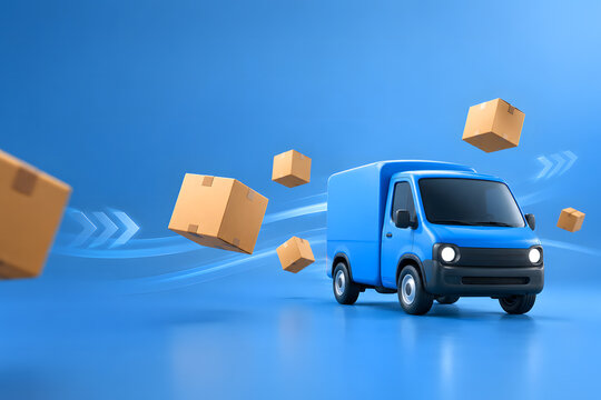 Fast delivery service concept with 3d blue cargo truck van and flying cardboard packages on blue background, express logistics and shipping banner