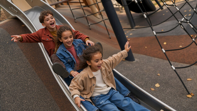 Three children sliding down a metal slide at an outdoor playground. Happy kids playing and laughing together in the park. Childhood recreation and active lifestyle concept