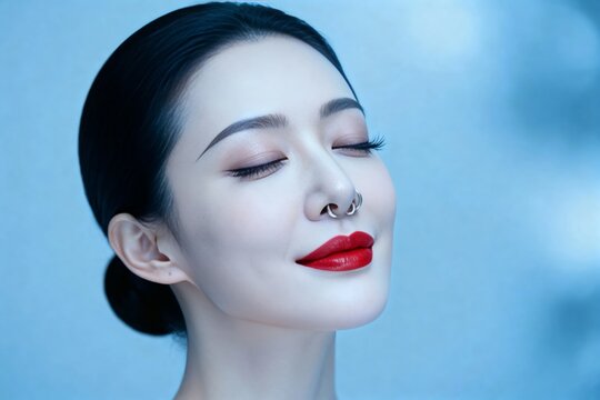 Close-up portrait of a woman with closed eyes, red lipstick, and dark hair styled in a bun against a soft blue background