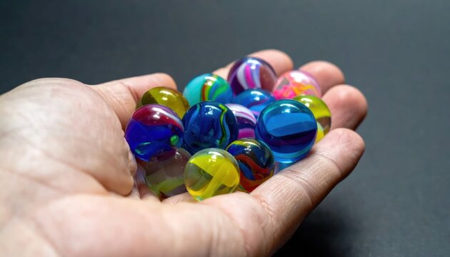 Hand holding a collection of colorful glass marbles.