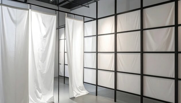 Minimalist Interior with White Curtains and Grid Wall.