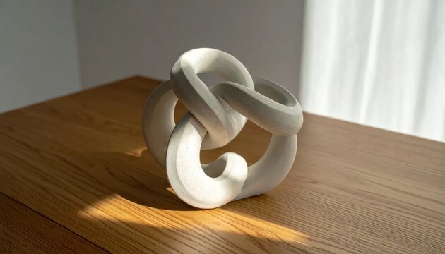Abstract Knot Sculpture on Wooden Table with Sunlight.