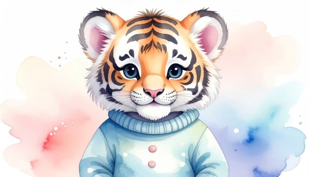 Adorable Watercolor Tiger Cub Illustration in a Cozy Sweater.