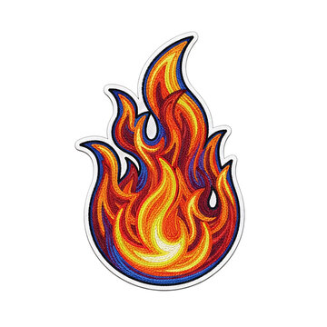 Bright orange and red flame fire embroidery patch on a plain white background