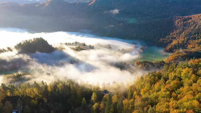 Morning fog drifting through autumn valley in Slovenia