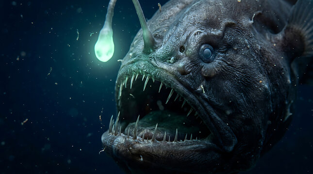 Terrifying Deep Sea Anglerfish with Glowing Bioluminescent Lure and Sharp Teeth