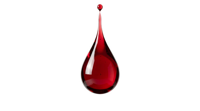 3D rendered single large glossy crimson red liquid drop resembling blood or thick syrup with a tiny suspended spherical droplet isolated on a transparent background for graphic design use