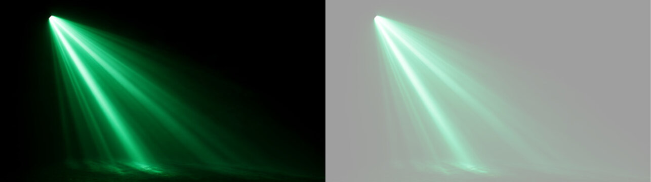 Green spotlight beam on black and transparent background. Stage lighting effect for performance