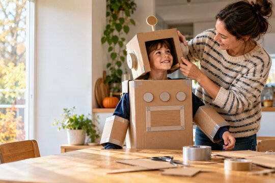 Woman Helping Child With DIY Cardboard Robot Costume