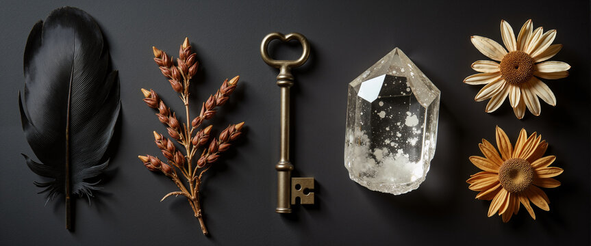 Top-down flat lay black feather crystal key dried flower for websites, blogs, clip art for postcards, stationery design, and presentations about botanical themes