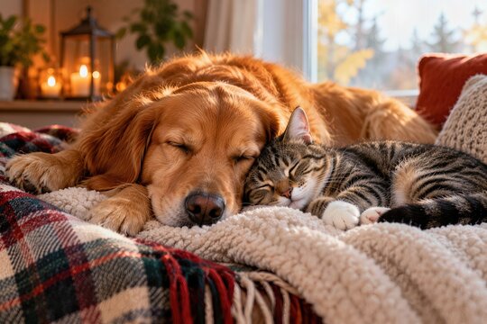 Golden Retriever and Tabby Cat Sleeping Together