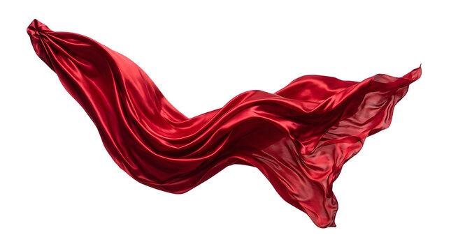 Single piece of red silk fabric captured mid-air in a flowing wave-like motion, isolated on transparent background as a 3D photographic real object with glossy texture and soft lighting shadows