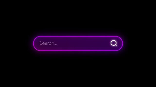 Vibrant purple glowing search bar interface element animated over a pitch black layer. Ideal visual asset to simulate online web queries. Remove the dark background easily via a screen mode.