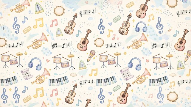 Whimsical watercolor music instruments and musical notes seamless pattern