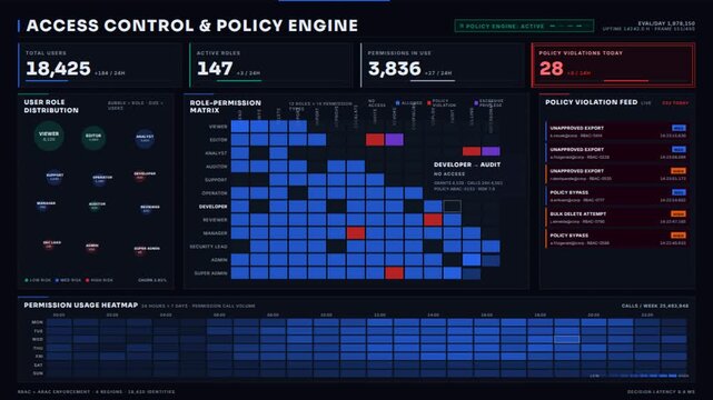A sophisticated access control dashboard showcasing user roles, permissions, and policy violations in a sleek dark design with vibrant metrics and animated visuals.