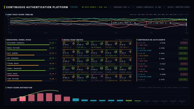 Explore a cutting-edge continuous authentication dashboard showcasing user behavior and device trust metrics with a sleek dark UI and animated visualizations.