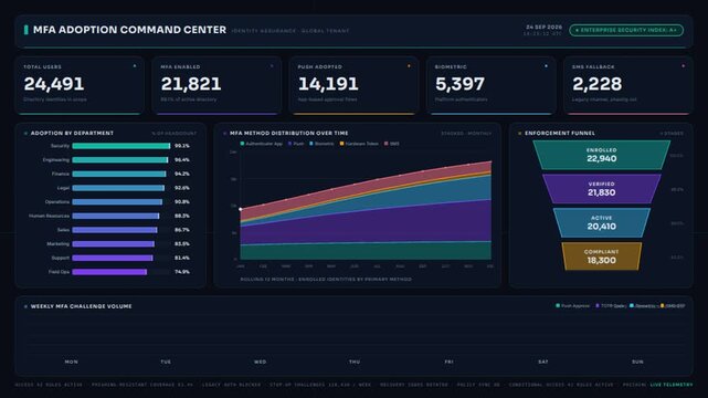 Explore a detailed multi-factor authentication dashboard showcasing enterprise security adoption metrics with vibrant colors and sleek animations for executive-level analysis.