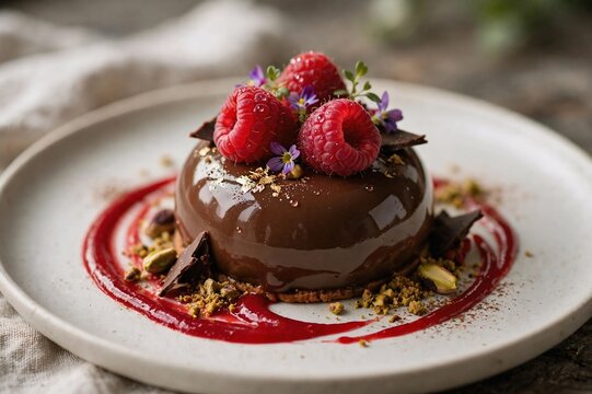 Gourmet chocolate mirror glaze mousse cake topped with fresh raspberries