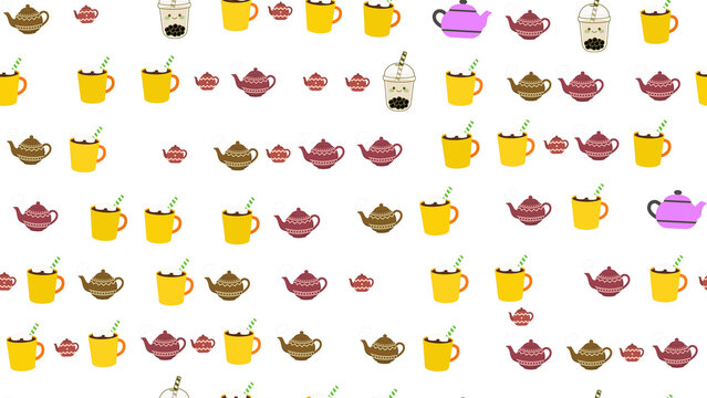 Seamless pattern of teapots, cups, and bubble tea