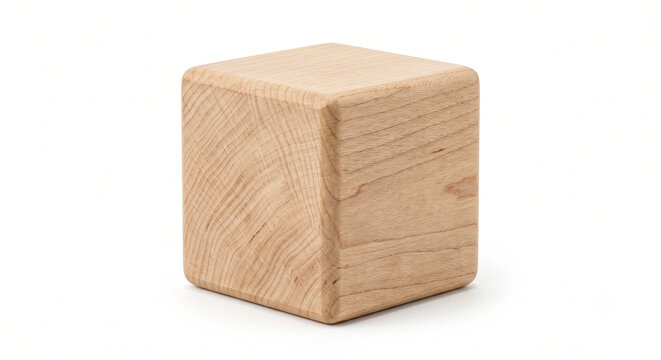 solid wooden cube block, plain natural wood toy, blank square wooden block, craft building wood cube, smooth pine wooden element, geometric shape material block, natural pine block on white background