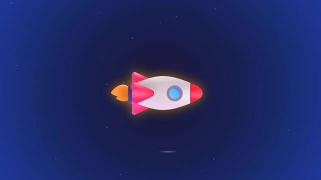 Cartoon rocket ship flying through the dark starry outer space