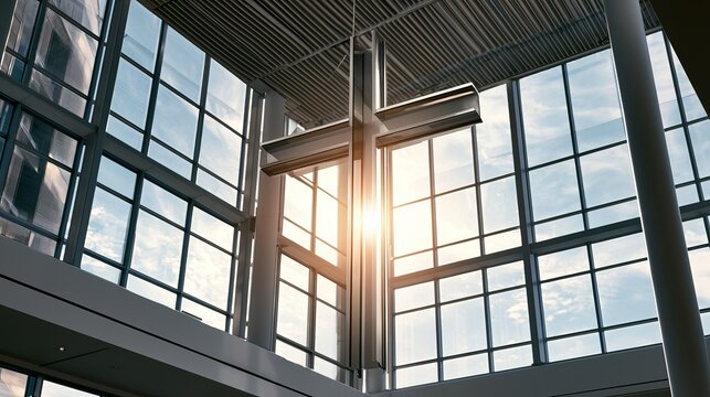Modern building architecture features expansive window panes, reflecting bright sunlight, establishing a contemporary design concept