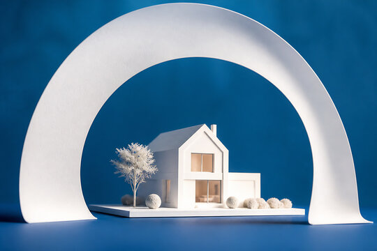 A miniature white house model is displayed inside a large, smooth white arch against a solid blue background.