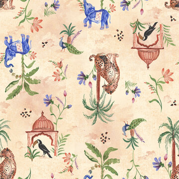 beautiful authentic watercolor hand drawn textured tropical mix animal seamless print pattern 