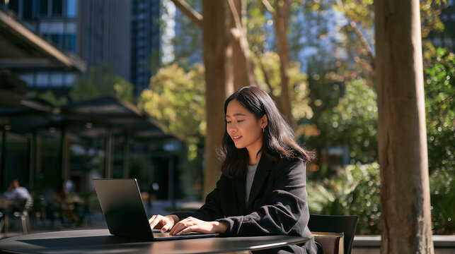 Remote professional working on a laptop at an outdoor cafe table in a leafy garden, enjoying flexible work in bright natural sunlight