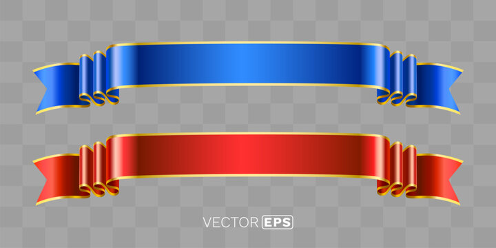 Shiny blue and red festive ribbon banners with golden borders.