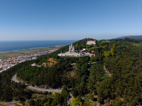 Aerial view of the Sanctuary of the Sacred Heart of Jesus atop Monte de Santa Luzia, overlooking the coastal city and Atlantic Ocean in Viana do Castelo, Viana do Castelo Dist, Portugal.