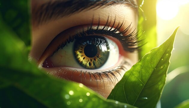 Human eye peering through green leaves with bright sunlight