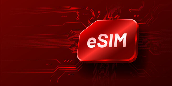 Digital eSIM technology concept with a glowing red button.