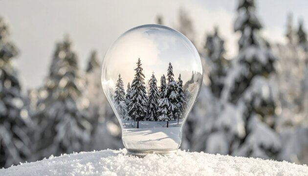 Snowy forest scene inside a glass light bulb