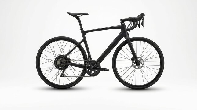 Minimalist black electric road bicycle positioned in a studio setting with a clean white background