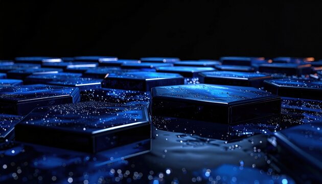 Blue hexagonal tiles with water droplets on dark surface