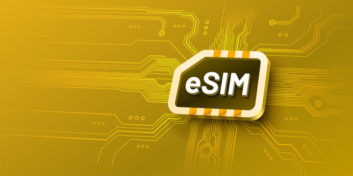 eSIM card illustration on a digital circuit board background. Modern embedded SIM technology concept.