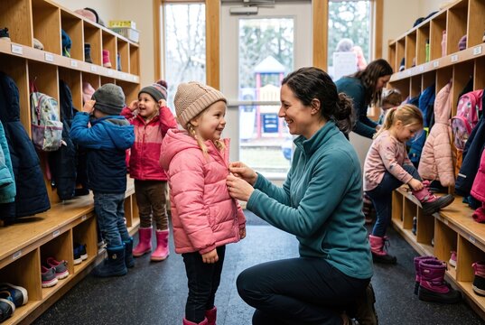 A teacher assists a young girl with her winter coat in a school hallway. Other children are also getting ready for outdoor activities. The scene is