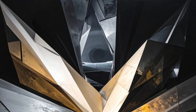 Abstract geometric metal sculpture installation with sharp angular facets
