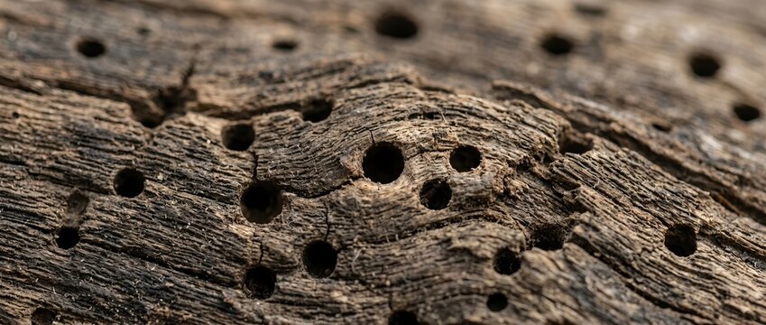 Woodworm holes texture in weathered timber. Close up of insect damage and boring tunnels on old wooden surface